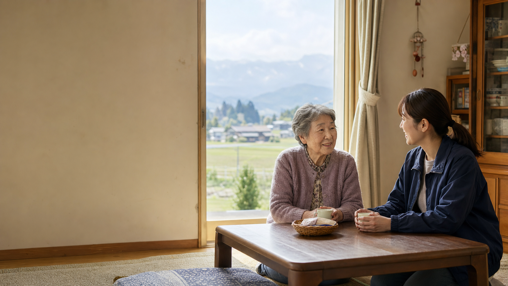 山形の山々を望む日本の住まいで、高齢者と地域支援者が語らう様子